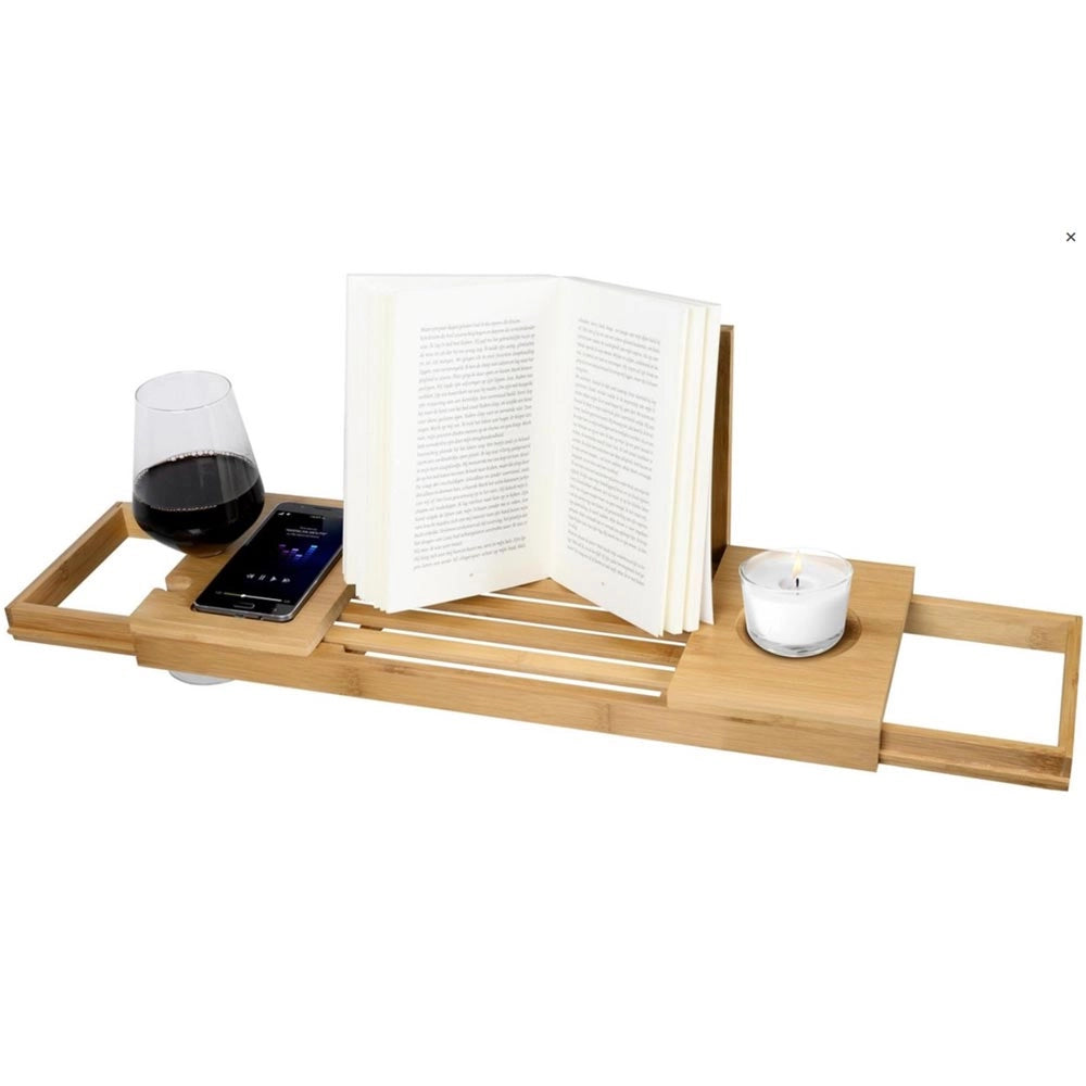 Tavolino Vassoio Vasca Bagno Regolabile Legno Bambu Supporto Tablet Scomparti