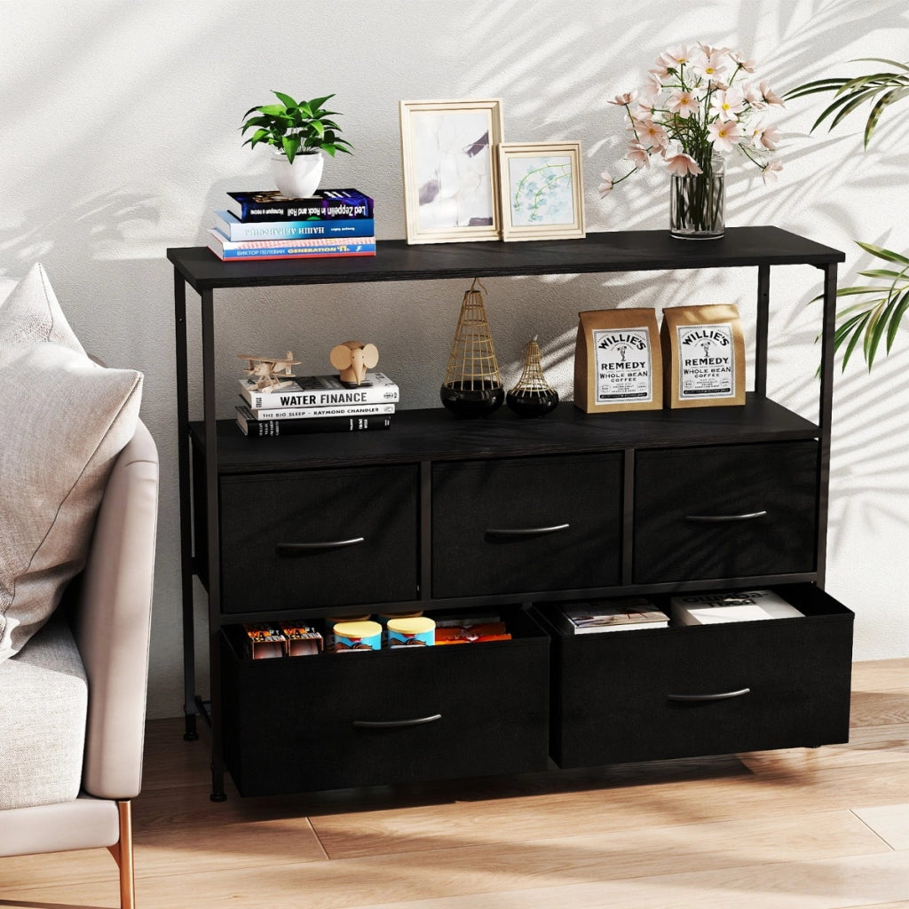 Com¨° per camera da letto con 5 cassetti cassettone in legno, Com¨° unit¨¤ organizzatore per conservazione Nero