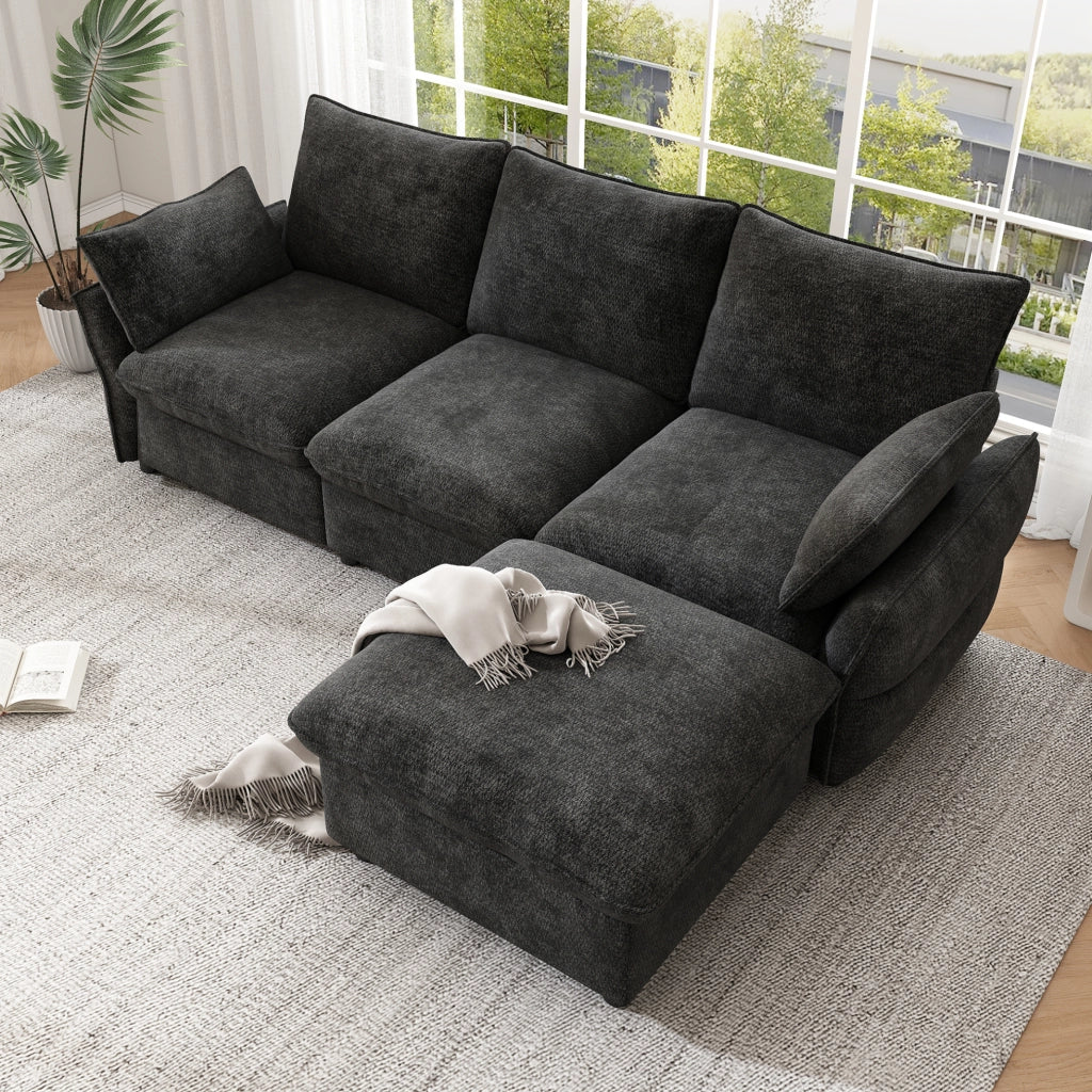 Divano angolare a L in chenille con pouf e 2 cuscini, grigio scuro, 222,5 cm