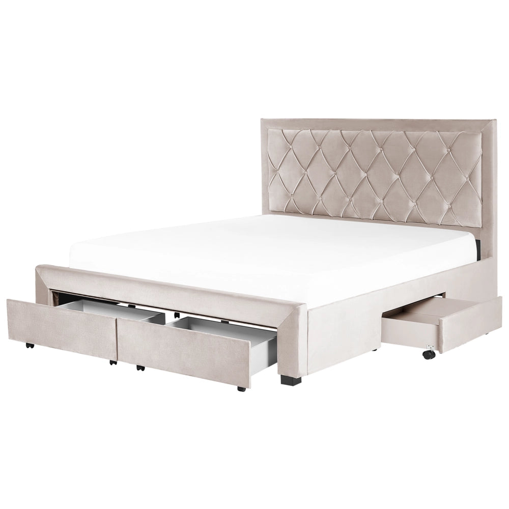 Letto contenitore tappezzeria in velluto beige 180 x 200 cm trapuntato testiera alta cassetti Glam Design