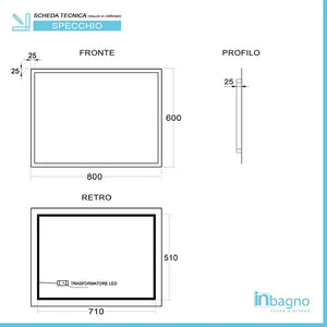 Specchio bagno 80x60 cm reversibile con cornice LED bianco naturale