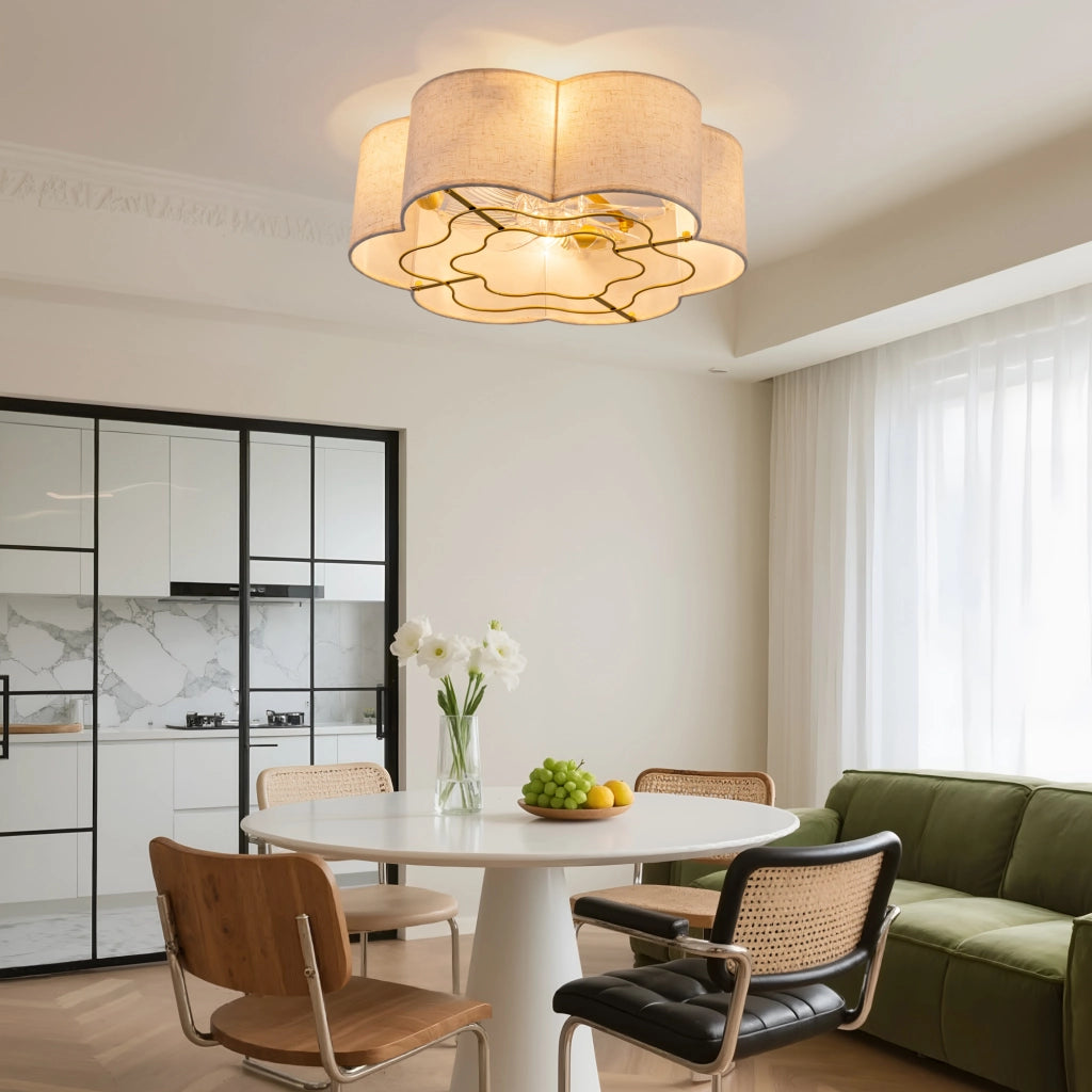 Ventilatore da soffitto con lampada 4 portalampada E26 in tessuto e plastica rame 53 × 49,5 × 23 cm
