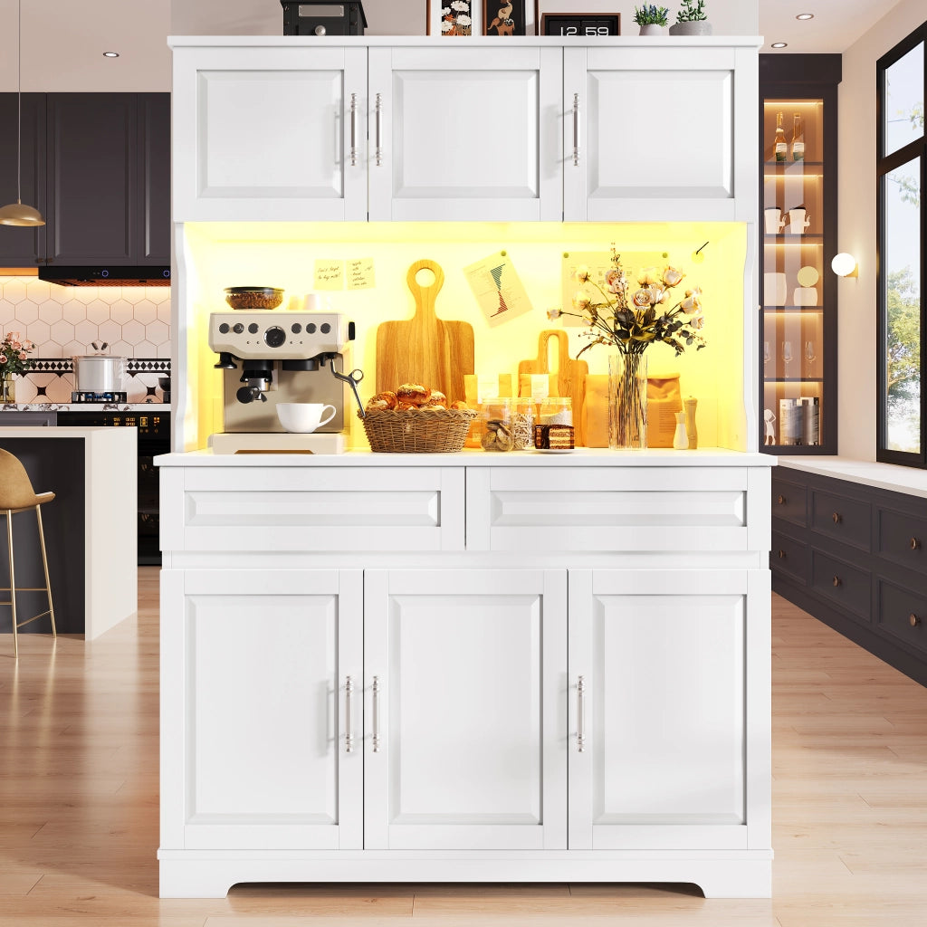 Credenza alta con LED e ripiani regolabili, piano di lavoro, per cucina e sala da pranzo, bianco, 108 × 40 × 180 cm