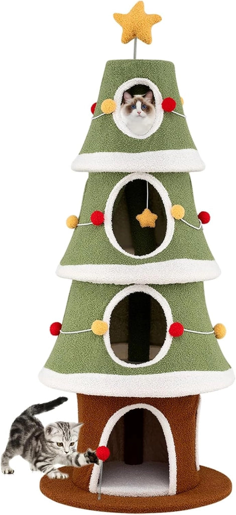 Albero di Natale per Gatti 154 cm, Tiragraffi per Gatti a 4 Livelli con Cuccia Grotta in Peluche con Palline, Piattaforma e Palla, Torre per Gatto con Rifugio, Forma di Albero di Natale