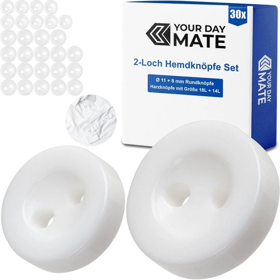 Set di chiusura, per camicie e bluse, 30 pezzi, 2 fori, Ø 11 + 8 mm, in bianco, di resina, misura 18L + 14L, chiusure per giacca, mantella, camicia, blusa, polo, chiusura DIY in poliestere, chiusure per bucato