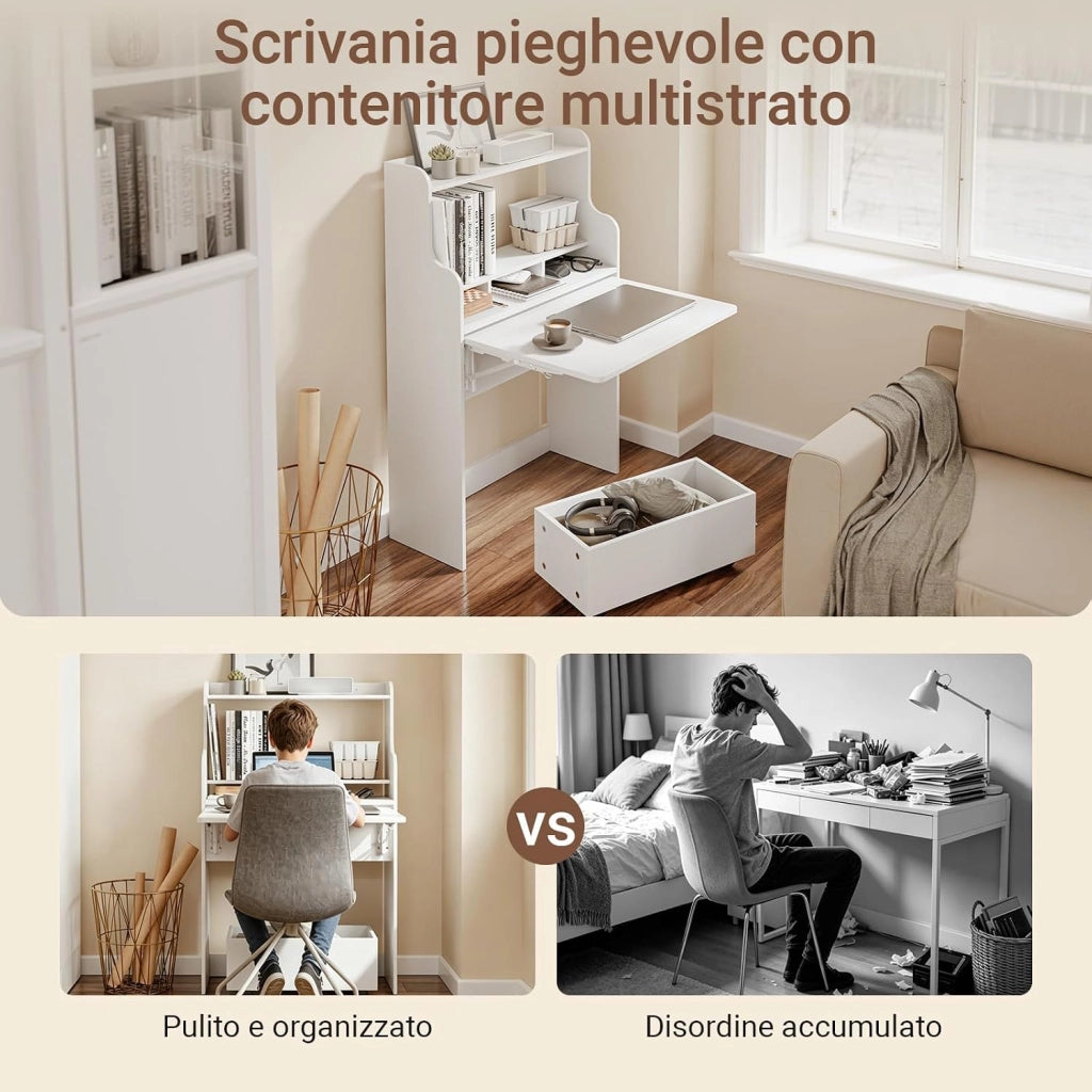 Scrivania Pieghevole a Muro Scrivania Salvaspazio Richiudibile con Scatola Portaoggetti con Ruote Tavolo Pieghevole Bianco 64x63x100,6 cm FWT105-II-W