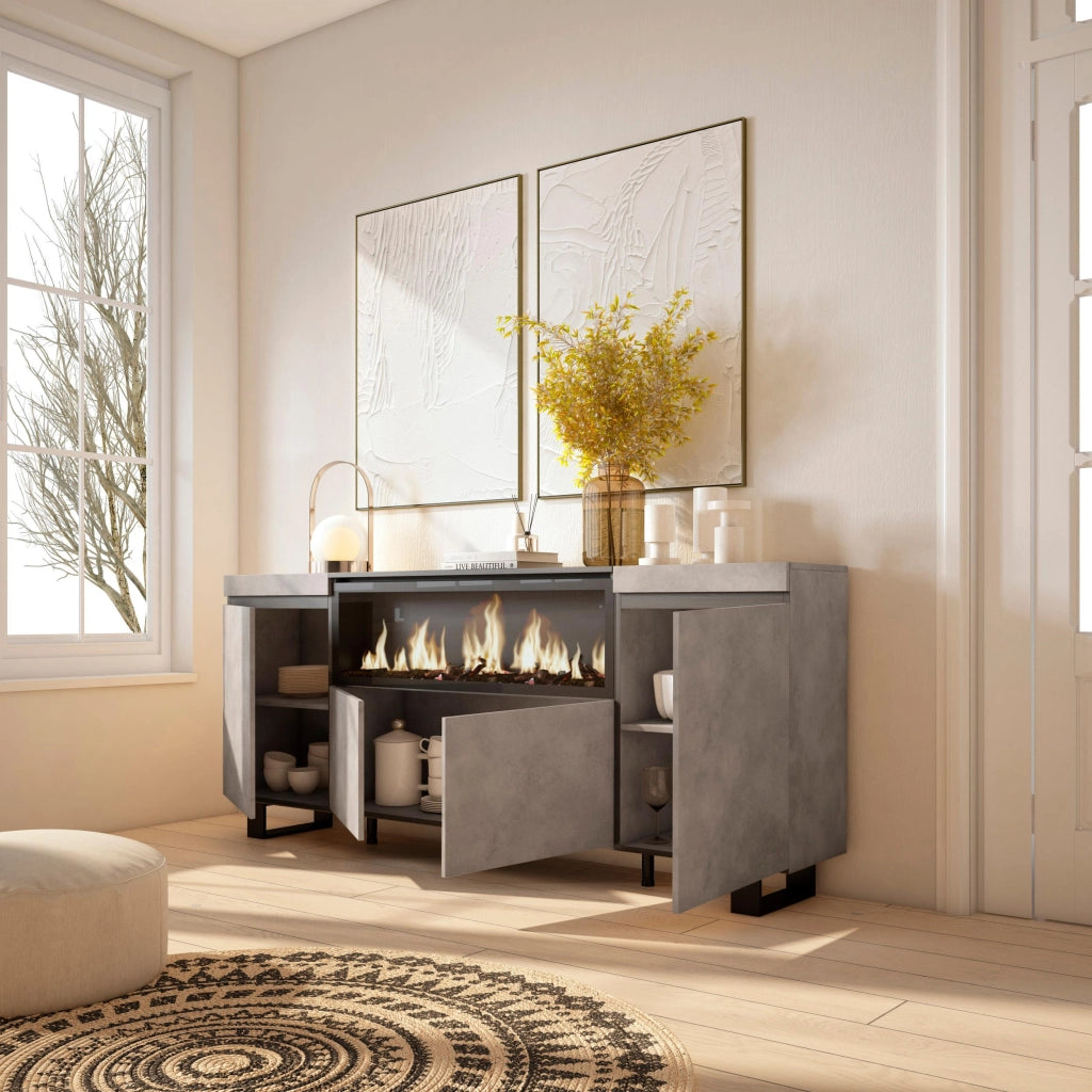 Credenza, Mobile, 208x35x87cm, 4 Porte, Camino elettrico XXL, Design industriale, grigio cemento RF3234