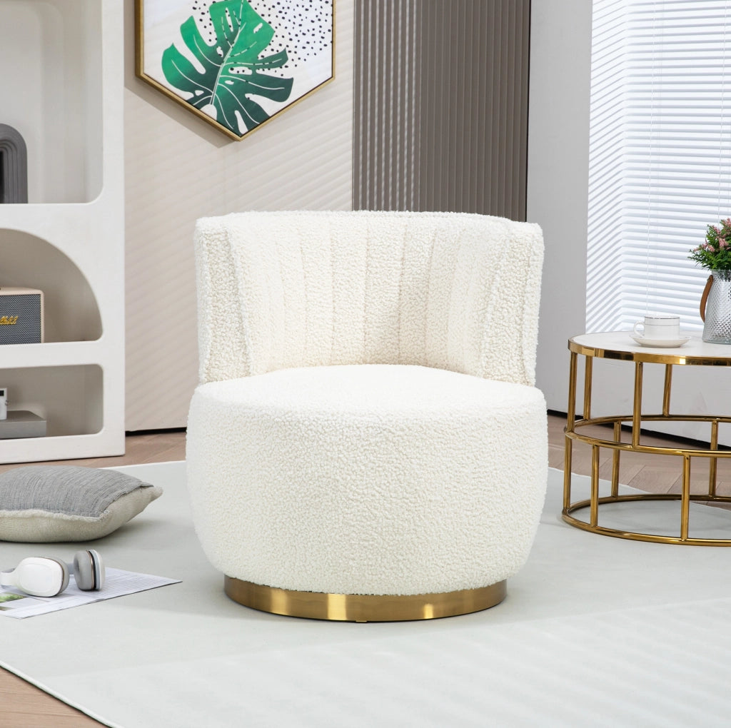Poltrona girevole 360° in Teddy bianco; seduta imbottita; struttura in legno e metallo; 62;5x62x69;5 cm