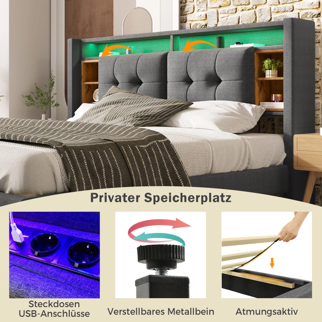 Letto matrimoniale – 140x200 cm – USB LED contenitore testiera con materasso – legno grigio