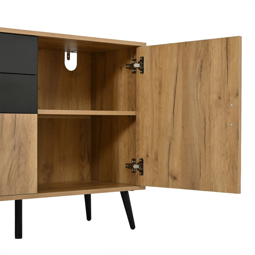 Sideboard 140x35x67 cm con 2 cassetti e 3 ante in MDF nero e naturale