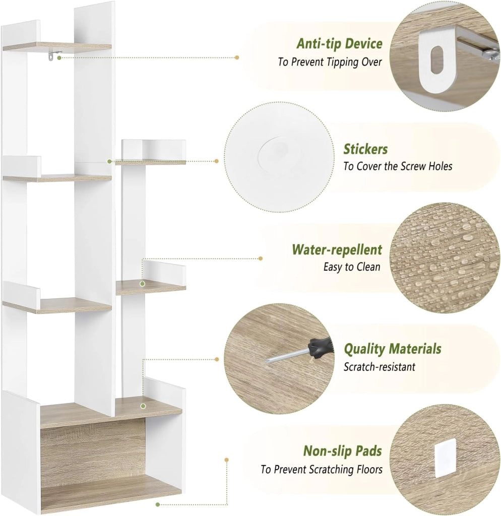 Libreria Verticale Autoportante, Libreria Angolare ad Albero, Porta Libri con 7 Ripiani e 1 Scomparto Aperto, in Truciolare, Bianco e Rovere Chiaro, 49x25x146cm