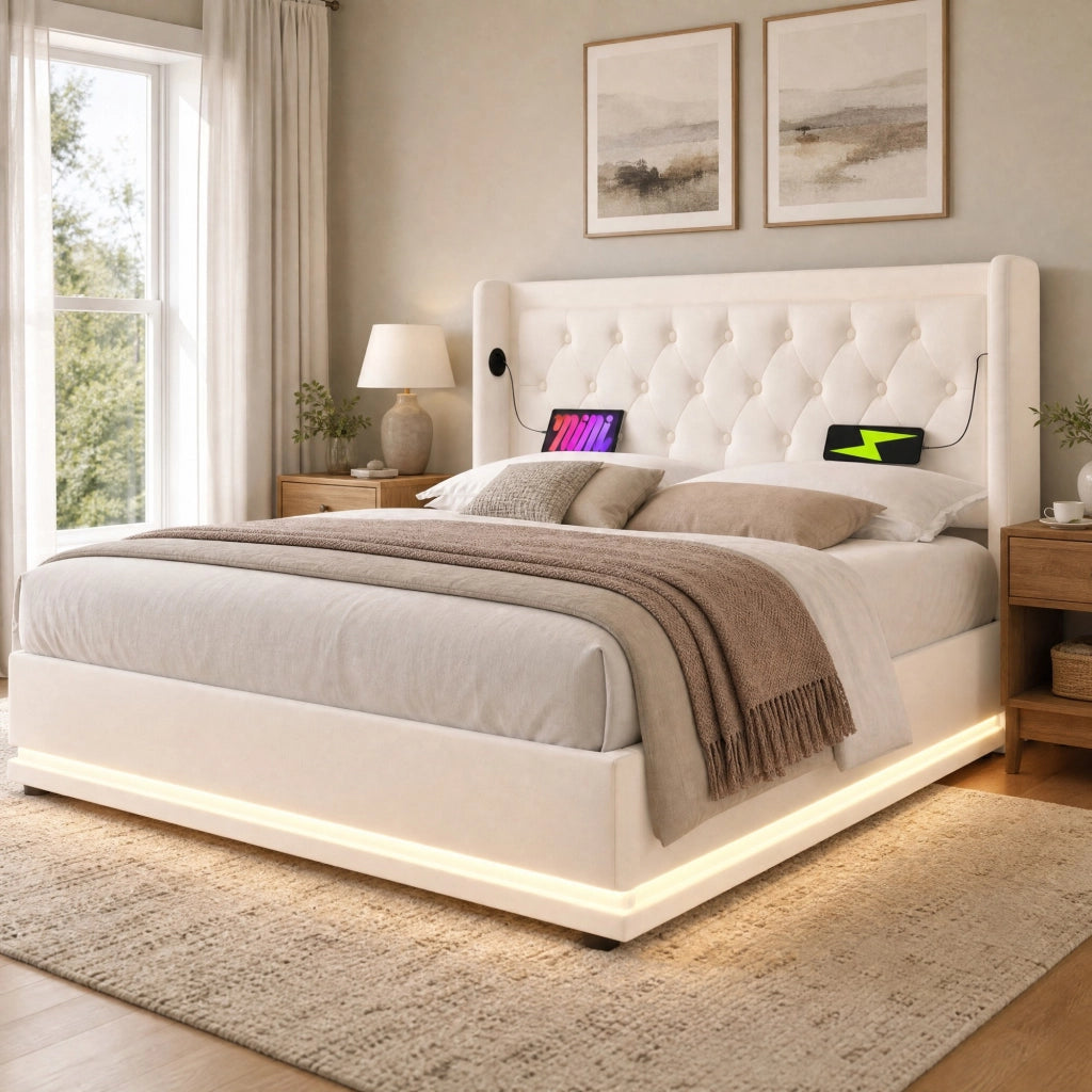 Letto matrimoniale 140x200 cm imbottito in PU bianco con contenitore; USB e LED
