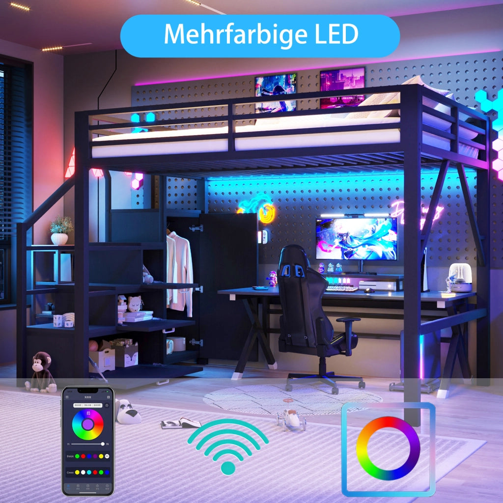 Letto a soppalco 140 × 200 cm con 3 vani contenitore, armadio, LED regolabile, scala contenitore, senza materasso, nero