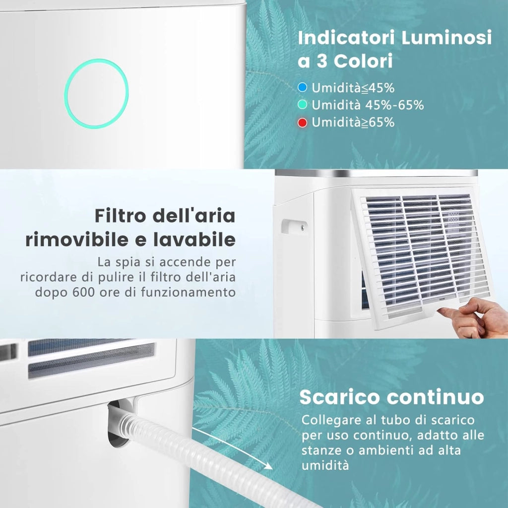 Deumidificatore Casa 25 L al Giorno, con Tubo di Scarico, Scarico Automatico o Manuale, Timer 24 ore, Protezione Straripamento e Serbatoio dell’Acqua 6,5 L per Spazi Fino a 30 m2