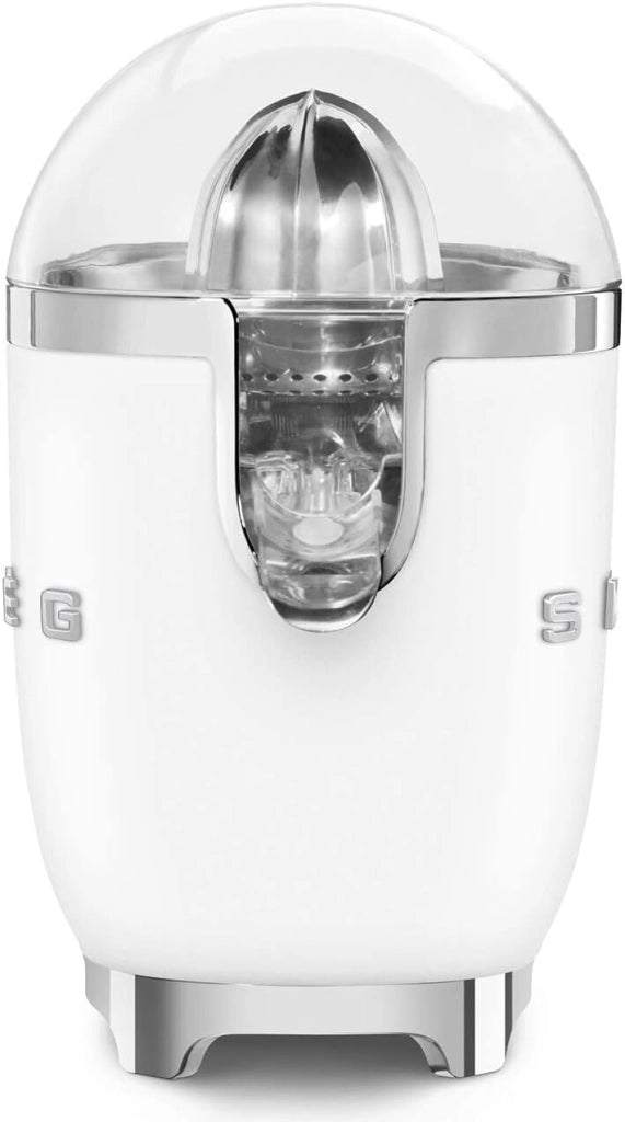Smeg, spremiagrumi elettrico cjf11whmeu, spremitura a pressione manuale, beccuccio antigoccia e cono universale, base antiscivolo, avvolgicavo integrato, 70w, bianco