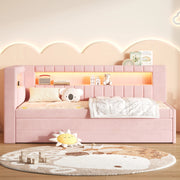 Letto singolo imbottito 90x200 rosa con LED; USB; letto estraibile e 3 cassetti