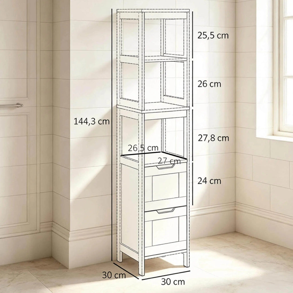 Colonna bagno in bambù e MDF con 3 ripiani e 2 cassetti, 30 x 30 x 144,3 cm