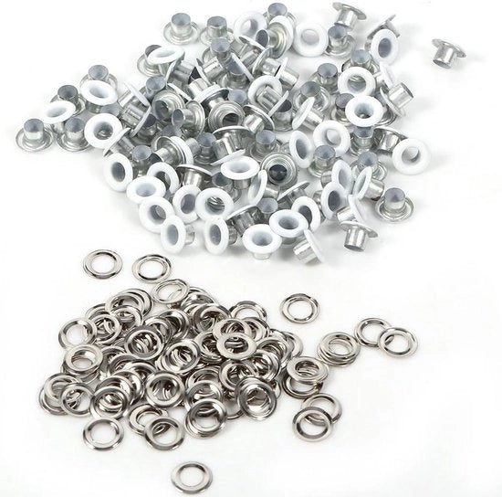 100 Set Orecchie Metalliche a Sfera 4mm per Scrapbooking e Accessori per Abbigliamento Artigianale - Orecchie per Tessuto e Abito - Bianco.