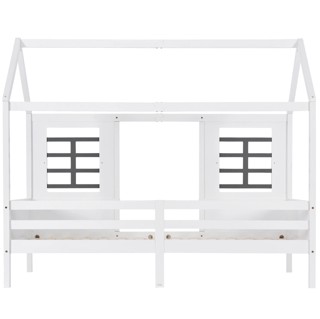 Letto a casetta con finestre e 2 cassetti 207x97x174 cm; struttura robusta in legno; bianco