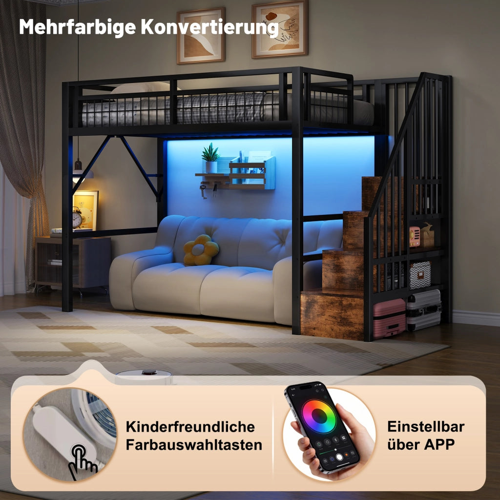 Letto a soppalco in metallo con LED e scala contenitore, 90x200 cm, nero