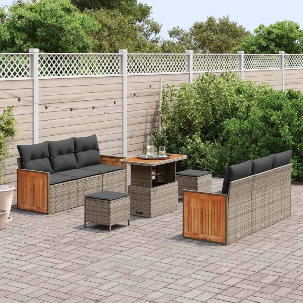 Set di Divani da Giardino 9 Pezzi con Cuscini Grigio Polyrattan Acacia