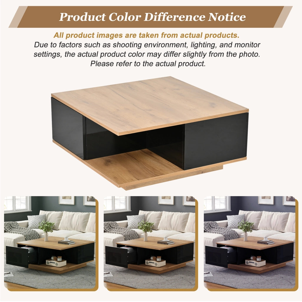 Tavolino basso quadrato con 3 cassetti e vano aperto, finitura lucida, per soggiorno, nero e legno, 70 × 70 × 31,5 cm