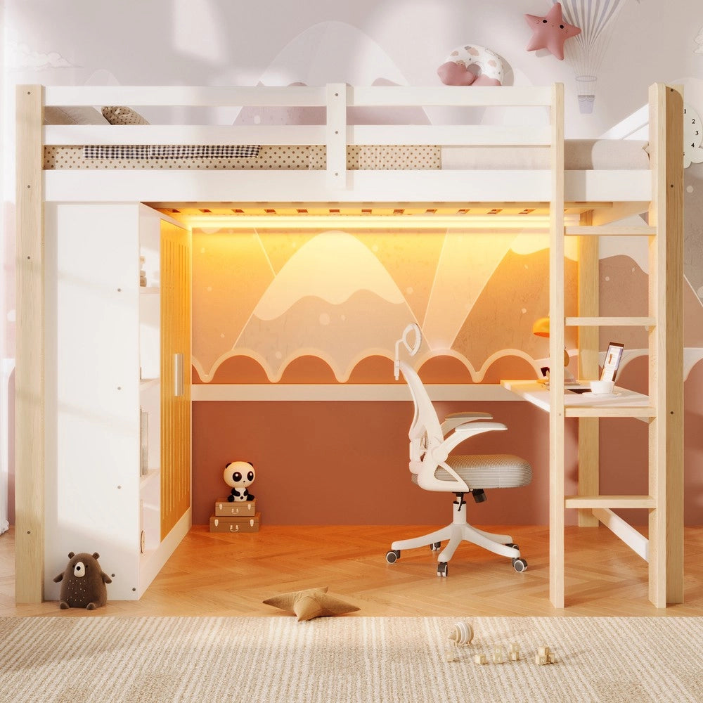Letto a Soppalco con LED, Armadio e Scrivania ¨C MINIMAL ¨C 140x200 cm, Bianco e Naturale