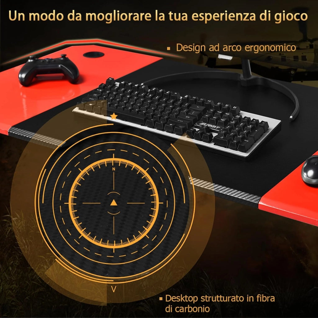 Scrivania da Gaming, Scrivania per Computer Ergonomico, con Porta Bicchiere, Gancio per Cuffie, Superficie in Fibra di Carbonio e Supporti Audio, 120 x 60 x 77 cm