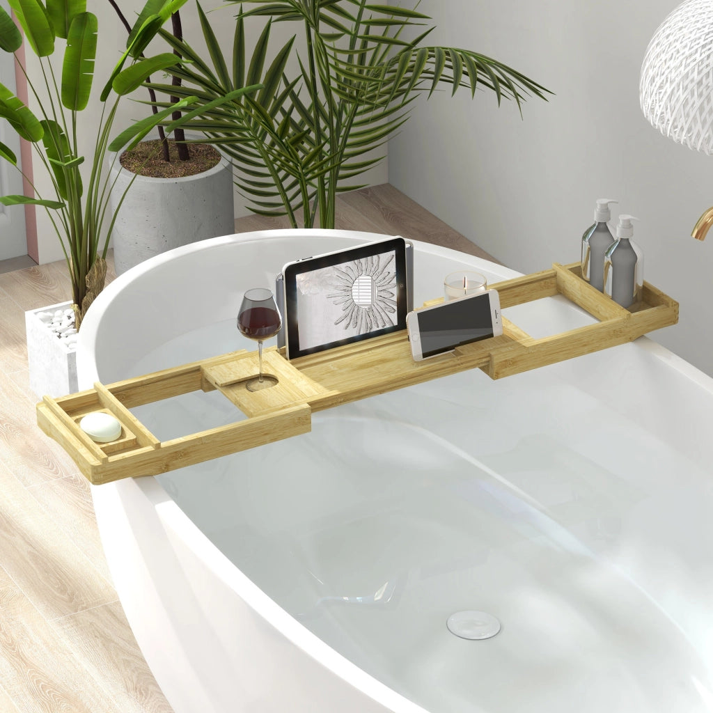 Ripiano per vasca da bagno in bamb¨´ estensibile con porta bicchiere e porta sapone ¨C zephmum ¨C 75-109x23x4.5cm