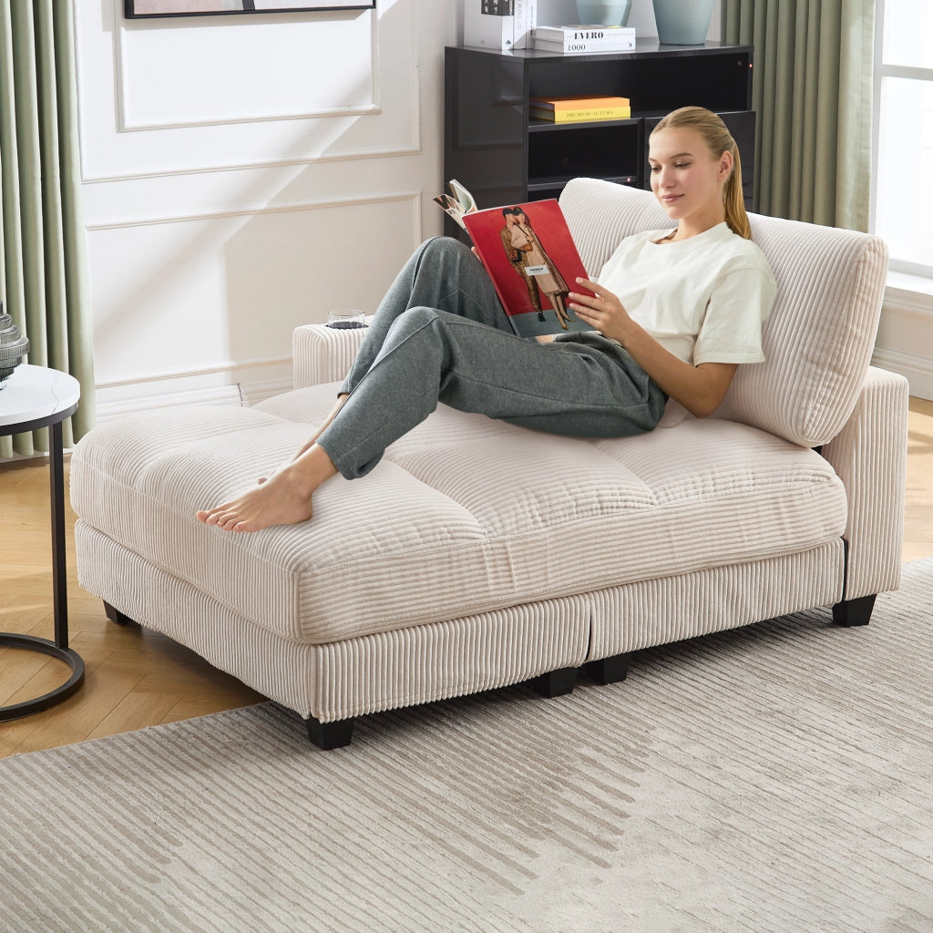 Poltrona Lounge con USB e Portabicchieri; Poggiatesta Regolabile; Tasca Laterale; in Velluto a Coste Beige