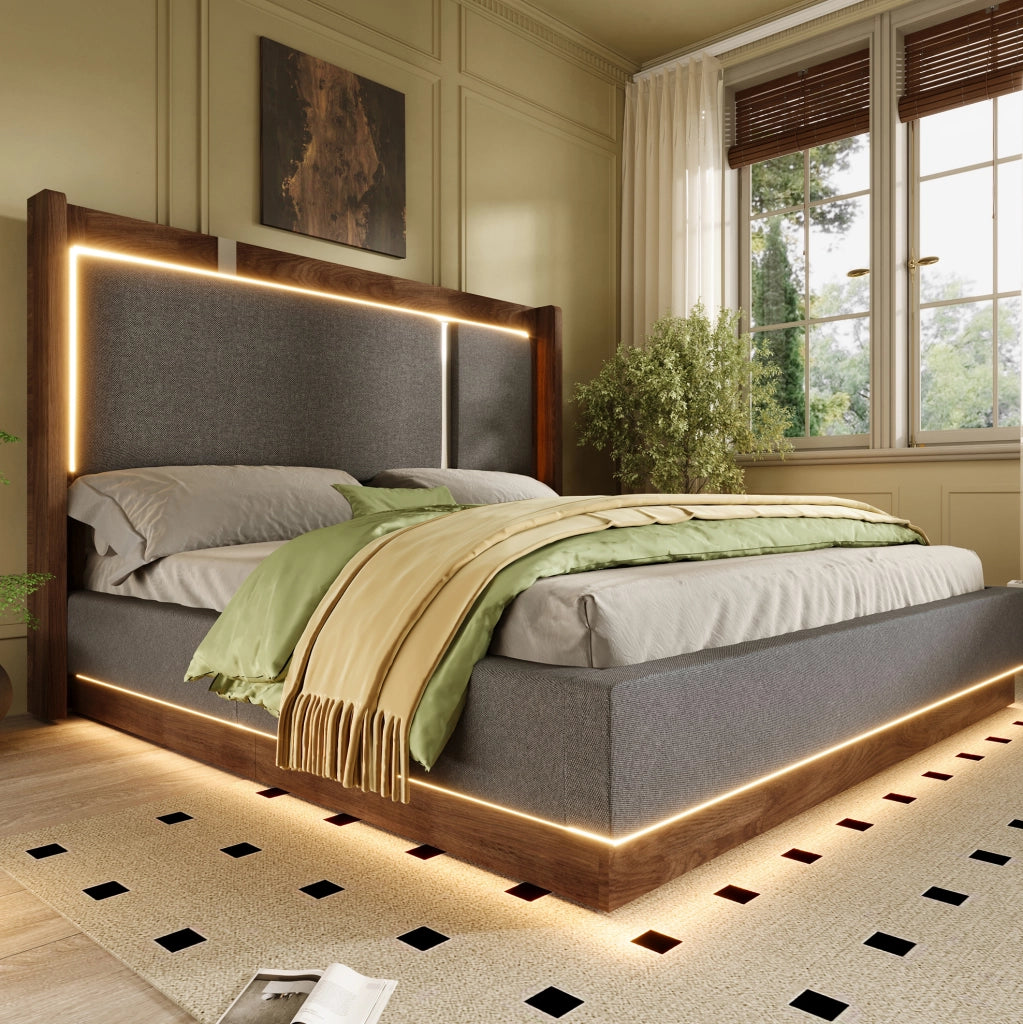 Letto matrimoniale 140x200 cm con contenitore; LED e rete a doghe; grigio e noce