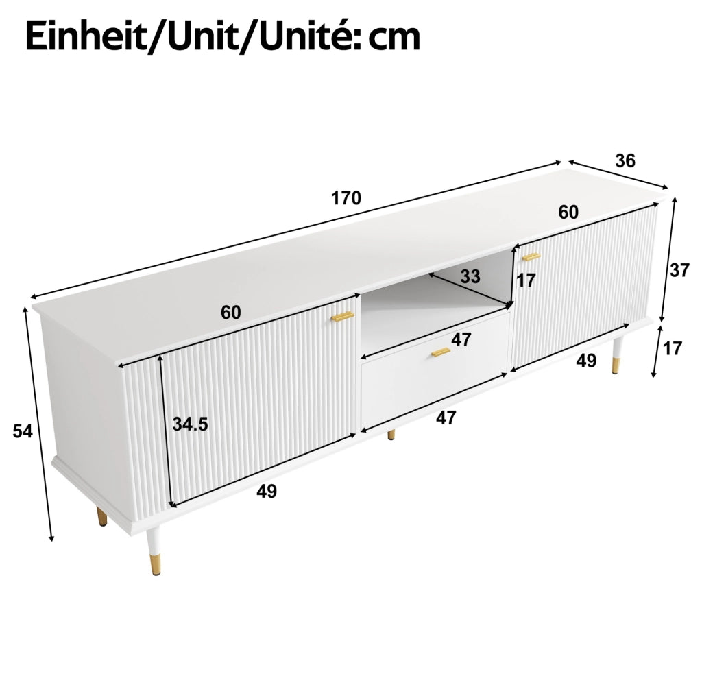 Mobile TV 170x36x54 cm con passacavi e chiusura soft-close in MDF bianco