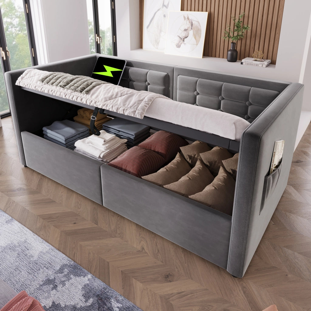 Sofabett con funzione letto in velluto grigio 90x200 cm