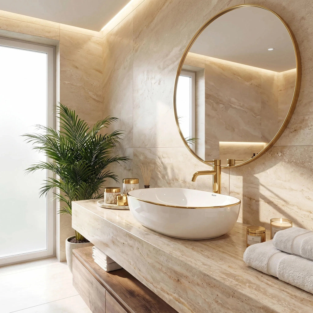 Lavabo Da Appoggio In Ceramica Rea Cleo White Gold Edge