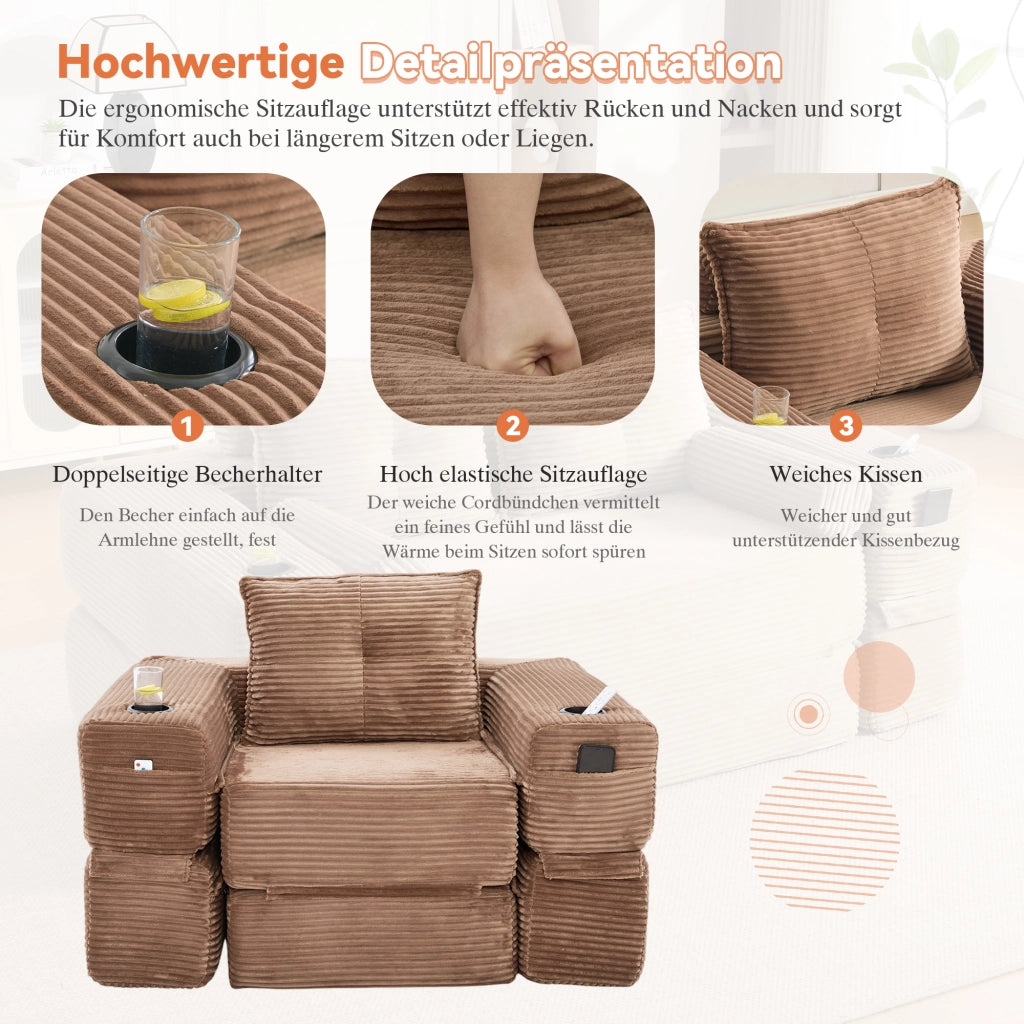 Divano letto modulare in velluto a coste con schiuma 30D, molle, tasche laterali e portabicchieri marrone
