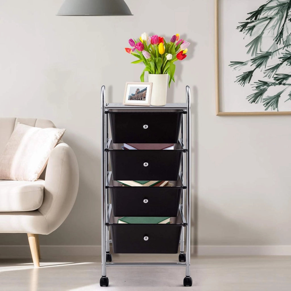 Carrello con 4 cassetti impilabili, carrello per cassetti, carrello da cucina con ruote, carrello portaoggetti, per cucina, bagno, ufficio, 32 x 37 x 76 cm (nero)