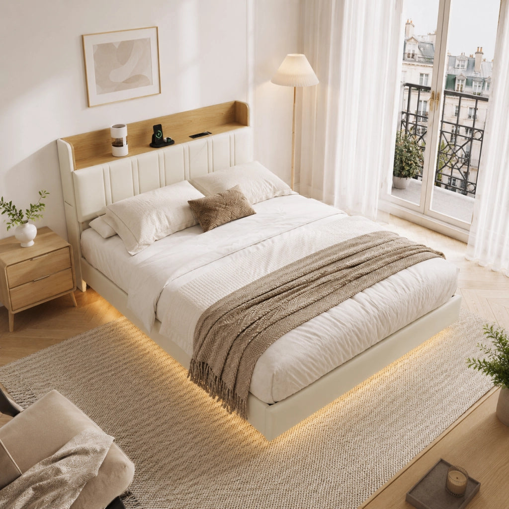 Letto matrimoniale 160x200 cm in pelle PU bianca, testiera con vano portaoggetti, stazione di ricarica, luci RGB a LED, struttura robusta portata 350kg