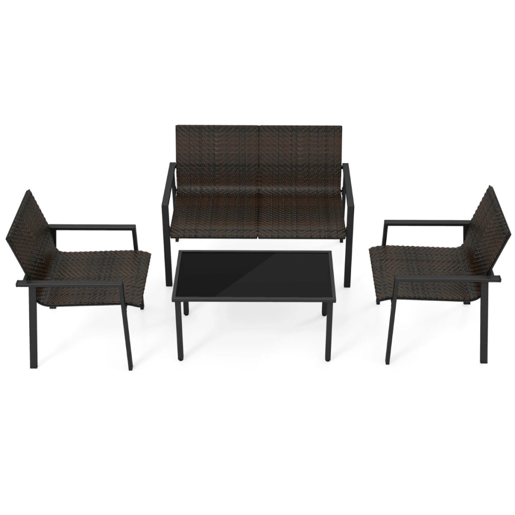 Set di mobili da giardino 4 pezzi, Set di tavolo e sedie in intrecciato di vimini su telaio metallico galvanizzato Marrone-Set mobili da esterno