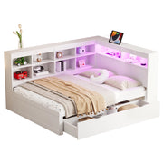 Divano letto 140x200 cm; con USB e LED; legno bianco