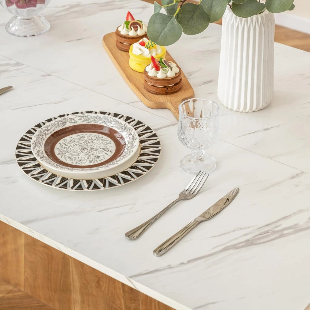 Tavolo da pranzo con panca e 2 sgabelli, tavolo da cucina con sedie, set da pranzo con gambe in metallo dorato, marmo artificiale, set da pranzo moderno per 4 persone