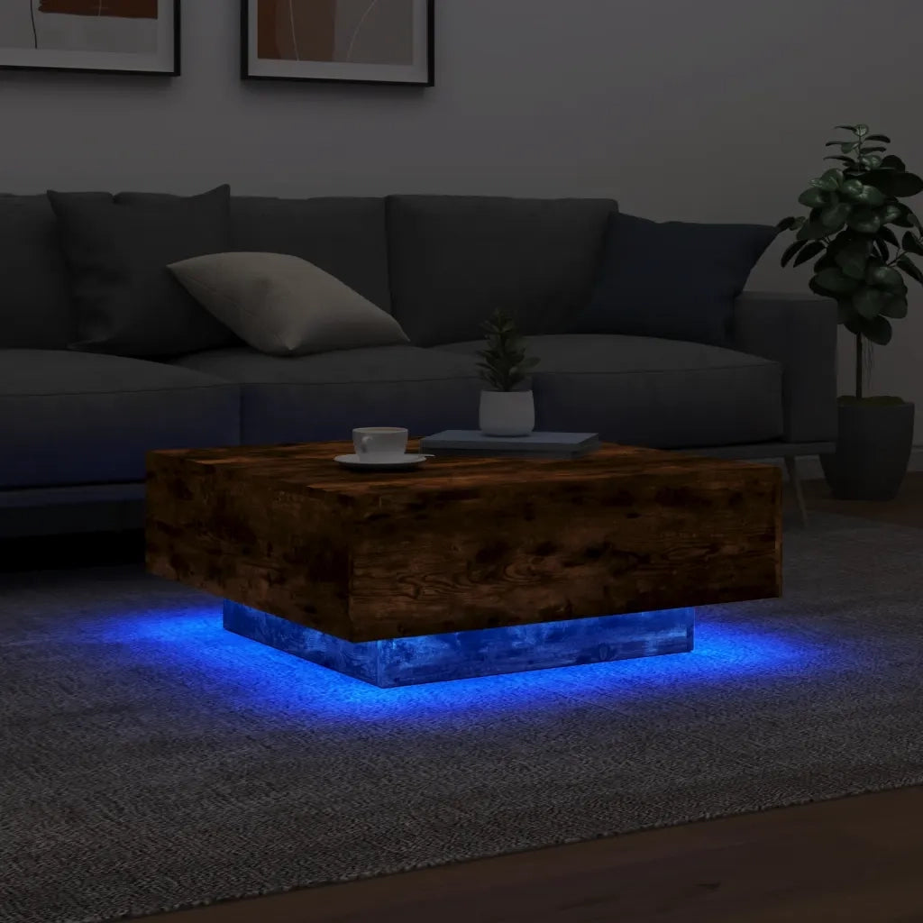 Tavolino da Soggiorno con Luci LED Rovere Fumo 80x80x31 cm 836592