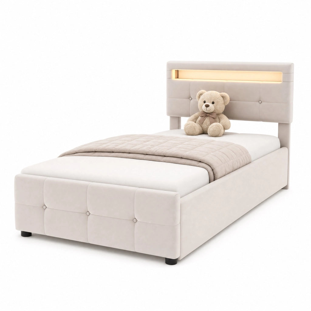Letto singolo imbottito 90x200 cm con LED e vano contenitore idraulico; velluto beige