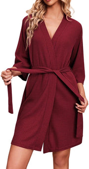 Badia da Bagno per Donna con Manica Corta 3/4, Foderata in Wafel con Sauna, con Cinturino a Striscia e Riem, Notte, V-Neck, Rosso