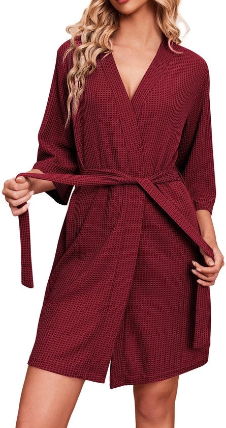 Badia da Bagno per Donna con Manica Corta 3/4, Foderata in Wafel con Sauna, con Cinturino a Striscia e Riem, Notte, V-Neck, Rosso
