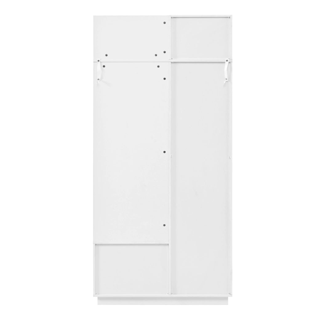 Set mobili da ingresso con armadio a specchio, panca portascarpe, cassetti e ganci, in MDF bianco