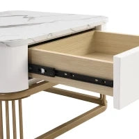 Set di Tavolini da Salotto Impilabili in Marmo Lucido e Vetro con Dettagli Dorati e Cassetti, 60x60x42,5 cm + 50x50x34 cm, Bianco