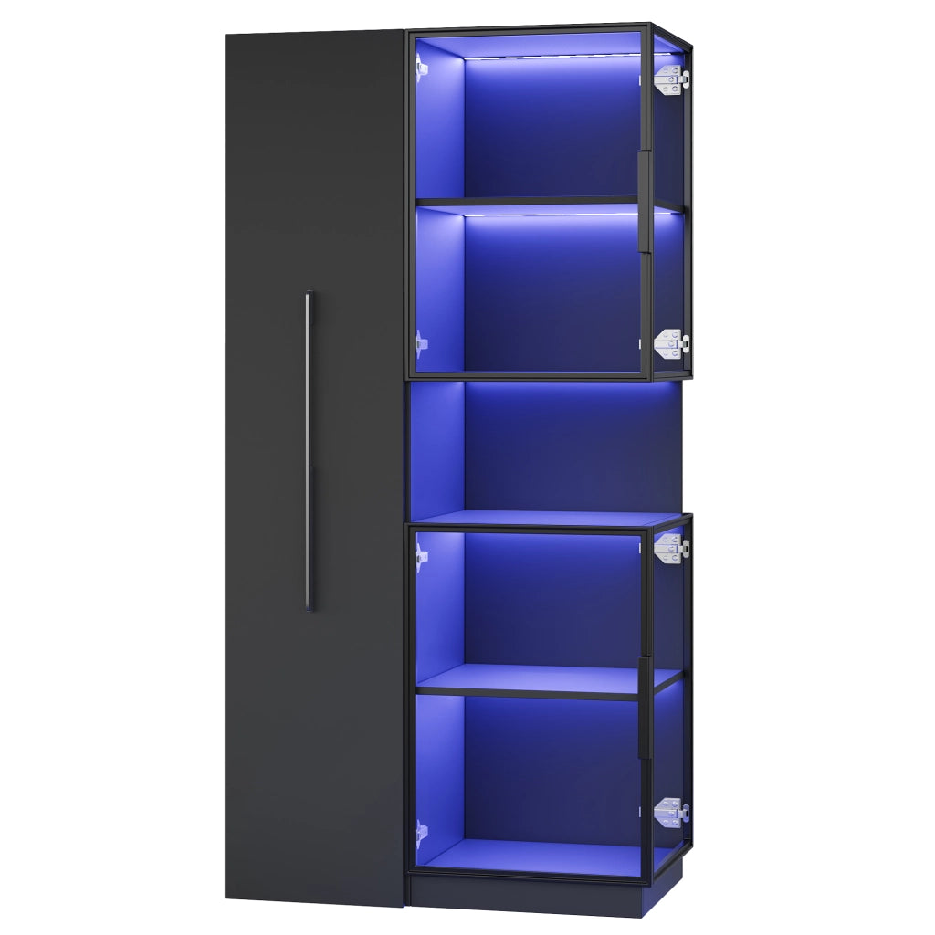 Vetrina in vetro 70×38×160 cm con ripiani estraibili, LED multicolore, MDF e vetro, colore nero