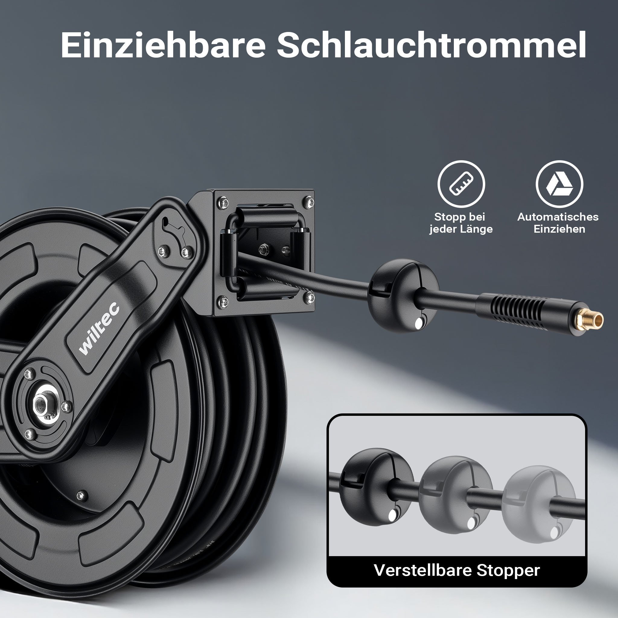 Avvolgitubo per aria compressa 15 m, avvolgitubo automatico in acciaio, 20 bar, facile montaggio a muro, girevole a 180°