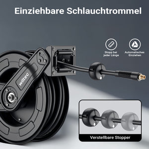Avvolgitubo per aria compressa 15 m, avvolgitubo automatico in acciaio, 20 bar, facile montaggio a muro, girevole a 180°