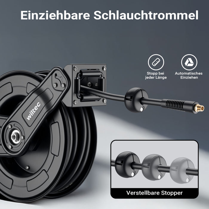 Avvolgitubo per aria compressa 15 m, avvolgitubo automatico in acciaio, 20 bar, facile montaggio a muro, girevole a 180°